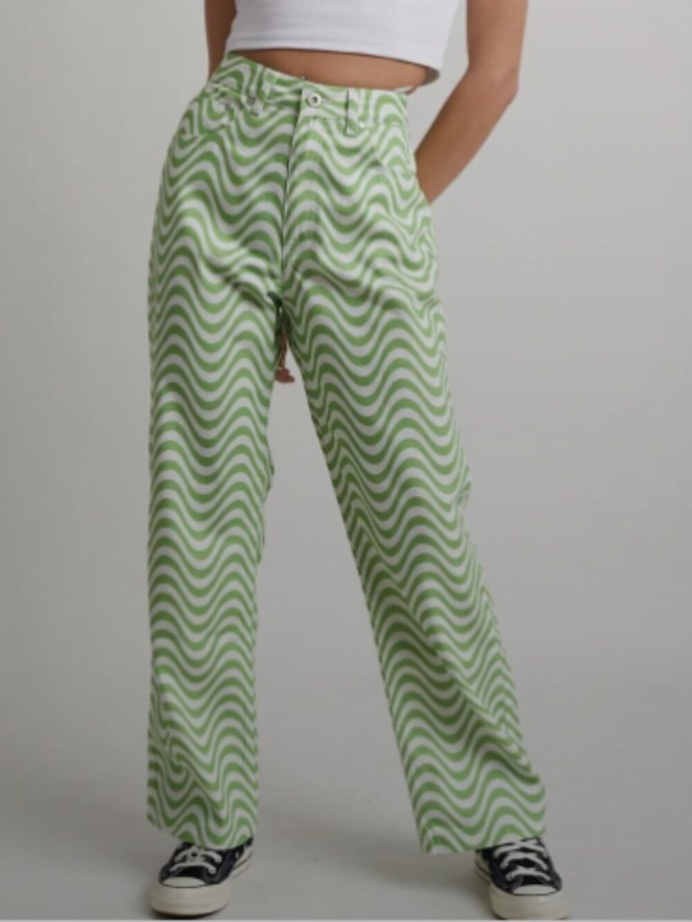 The Ragged Priest Lime Green Wave Design Graphic Dad Jeans